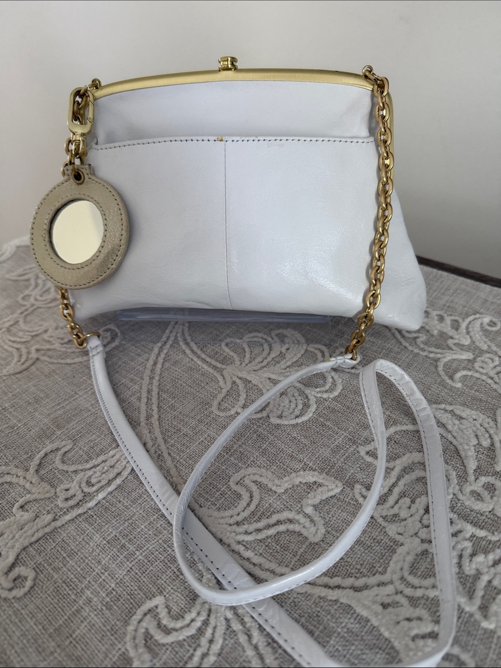 Hobo Lana Framed Top Optic White Leather Crossbody Bag With Mirror Charm